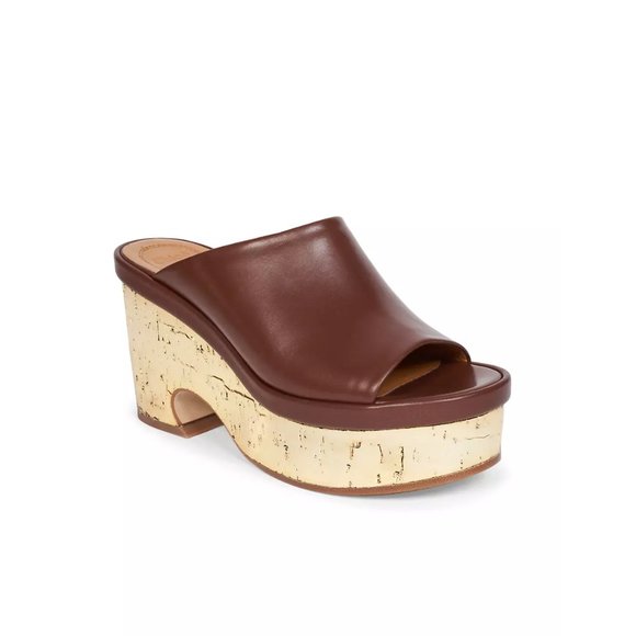 Chloe Oil Leather Cork Mule Platform Sandals Womens 41 Brown Gold Leather Slides - Picture 2 of 12